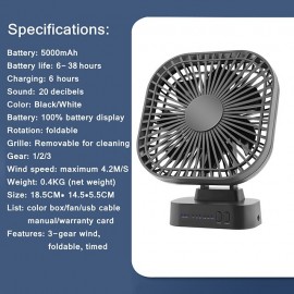 Desktop Cooling Fan, 90 Degree Folding Fan 5000mAh Battery USB Rechargeable, Timing Home Air Circulators Magnet Absorption, Silent 3-speed Strong Wind
