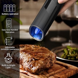 Gravity Electric Pepper Grinder Set Automatic Salt and Pepper Mill Adjustable Coarseness Battery Powered with LED Light One Hand Operation Stainless Steel

